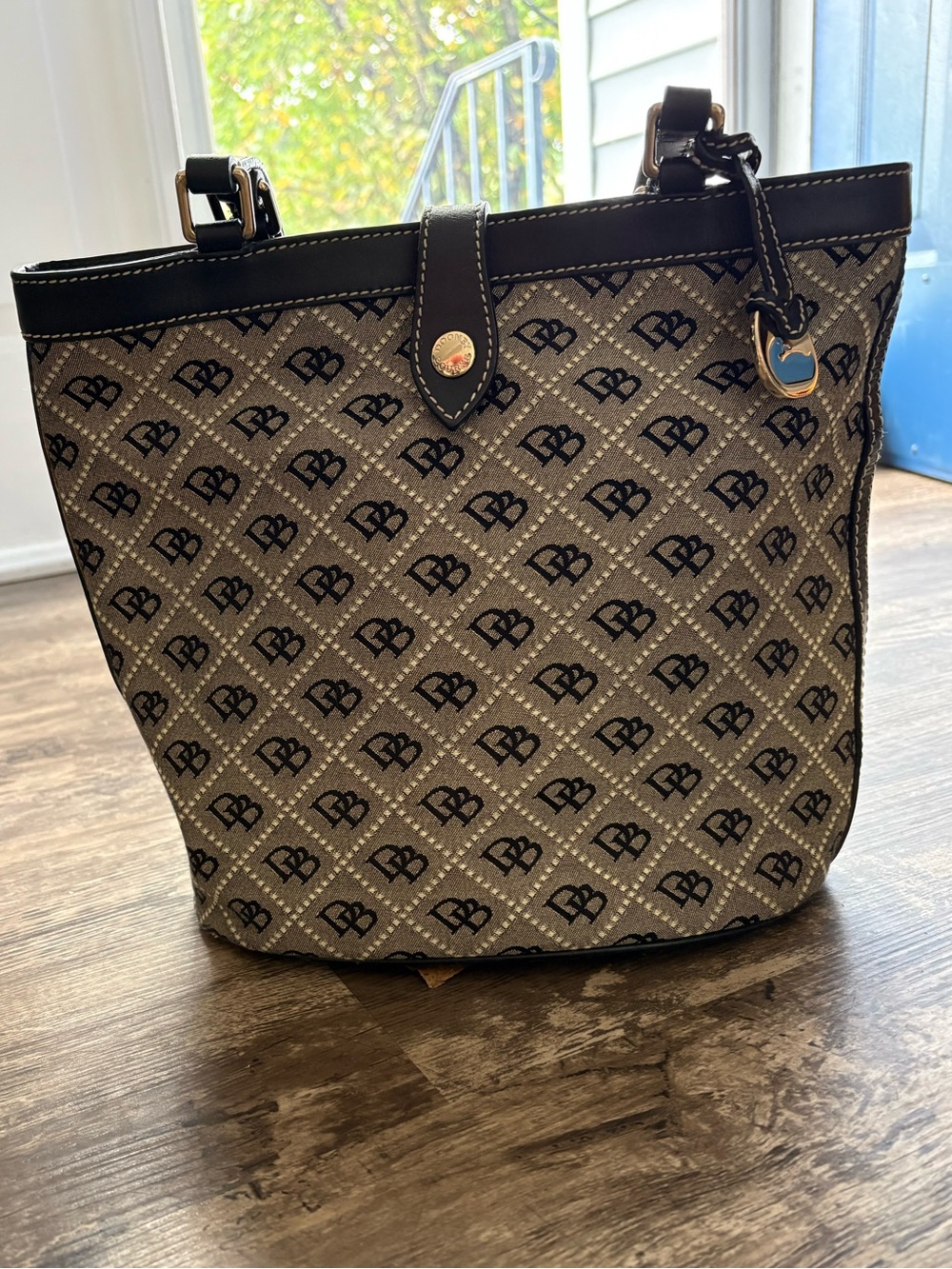 DOONEY & BOURKE Black and Beige Monogram Bucket Tote
